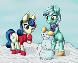 Size: 2946x2394 | Tagged: safe, artist:itresad, bon bon, lyra heartstrings, sweetie drops, pony, bipedal, clothes, confused, mittens, open mouth, raised hoof, scarf, smiling, snow, snowman, stick, sweater, winter outfit