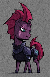 Size: 660x1000 | Tagged: safe, artist:dalapony, tempest shadow, pony, unicorn, my little pony: the movie, abstract background, armor, broken horn, eye scar, frown, scar, solo, style emulation, the legend of zelda, the legend of zelda: the wind waker