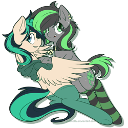 Size: 1024x1024 | Tagged: source needed, safe, artist:jadekettu, oc, oc only, oc:lucky dip, oc:teal tips, earth pony, pegasus, pony, bell, bell collar, clothes, collar, couple, duo, duo female, female, lesbian, piercing, simple background, socks, striped socks, transparent background