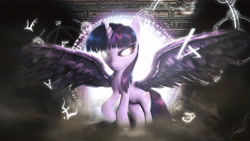 Size: 7680x4320 | Tagged: safe, artist:princeoracle, twilight sparkle, twilight sparkle (alicorn), alicorn, pony, 3d, absurd resolution, epic, glowing eyes, gmod, magic, magic circle, runes, signature, solo, symbol