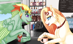 Size: 1350x810 | Tagged: safe, artist:bijutsuyoukai, oc, oc only, oc:coffee cake, oc:retro dash, earth pony, pegasus, pony, coffee, coffee shop, female, male, mare, offspring, parent:donut joe, parent:pinkie pie, parent:rainbow dash, parent:zephyr breeze, parents:pinkiejoe, parents:zephdash, stallion