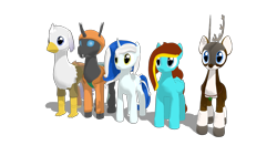 Size: 1280x720 | Tagged: safe, artist:waltervd, oc, oc only, oc:ilovekimpossiblealot, oc:silver quill, oc:sketchy bughorse, oc:tyandaga, changeling, classical hippogriff, deer, hippogriff, pegasus, pony, unicorn, 3d, mmd, non-pony oc, simple background, transparent background, wip