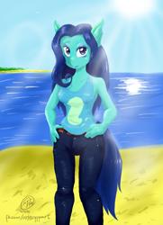 Size: 1280x1772 | Tagged: safe, artist:mindsick, oc, oc only, oc:silvernaqua, anthro, merpony, siren, anthro oc, aquapony, beach, solo, summer, wet clothes