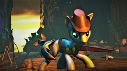 Size: 3840x2160 | Tagged: safe, artist:dj-chopin, oc, oc only, oc:p-21, pony, fallout equestria, 3d, bandolier, cowboy hat, digital art, grenade, gun, hat, rain, weapon