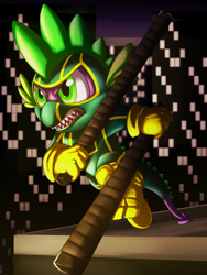 Size: 2700x3600 | Tagged: safe, artist:heart-of-a-dragoness, spike, dragon, city, clothes, commission, costume, crossover, eskrima sticks, kick-ass, male, solo, superhero