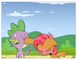 Size: 1024x805 | Tagged: safe, artist:loreto-arts, babs seed, spike, dragon, earth pony, pony, comic:friendship is innuendo, angry, anime sweat drop, blushing, cartoon violence, duo, eyes closed, female, filly, floppy ears, funny, male, pointing, punch, shipping denied, sweatdrop, tsundere, vein