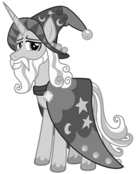 Size: 469x600 | Tagged: safe, edit, star swirl the bearded, pony, unicorn, beard, black and white, cape, cloak, clothes, facial hair, grayscale, hat, male, monochrome, solo, stallion