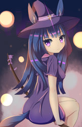 Size: 1089x1683 | Tagged: safe, artist:kawaiipony2, twilight sparkle, cat, human, clothes, eared humanization, female, halloween, holiday, humanized, night, ponytail, smiling, solo, tailed humanization, witch