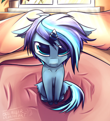 Size: 2100x2300 | Tagged: dead source, safe, artist:bellheller, oc, oc only, pony, unicorn, bed, bedroom, cute, looking up, pillow, sitting, solo, unshorn fetlocks