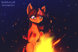 Size: 2081x1406 | Tagged: safe, artist:bellheller, twilight sparkle, pony, unicorn, campfire, female, fire, mare, solo, underhoof