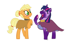 Size: 2000x1200 | Tagged: safe, artist:sallindaemon, applejack, twilight sparkle, earth pony, pony, alternate design, blushing, clothes, dappled, dress, freckles, laughing, simple background, transparent background