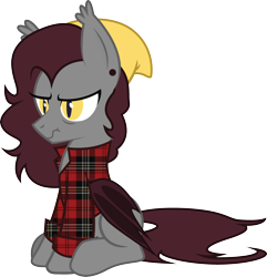 Size: 2500x2595 | Tagged: safe, artist:duskthebatpack, oc, oc only, oc:rewrite auriar, bat pony, pony, bags under eyes, bat pony oc, beanie, cute, flannel, hat, scrunchy face, simple background, sitting, slit eyes, transparent background, vector