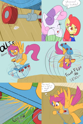 Size: 1600x2400 | Tagged: safe, artist:jake heritagu, apple bloom, scootaloo, sweetie belle, pony, comic:ask motherly scootaloo, clothes, comic, hairpin, motherly scootaloo, scooter, sweater, sweatshirt