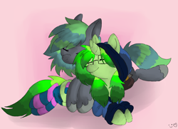 Size: 3064x2214 | Tagged: safe, artist:robiinart, oc, oc only, oc:bitter pill, oc:razzle, earth pony, pony, unicorn, bizzle, clothes, cuddling, cute, eyes closed, female, glasses, hoodie, male, mare, smiling, snuggling, socks, stallion, striped socks, sweater