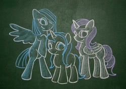 Size: 2124x1508 | Tagged: safe, artist:azdaracylius, ponerpics import, oc, oc only, oc:flitterwings, oc:kilandria, oc:rainstorm, chalk drawing, chalkboard, traditional art