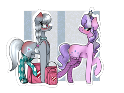 Size: 1024x768 | Tagged: safe, artist:velvetyvictory, diamond tiara, silver spoon, earth pony, pony, bag, blushing, clothes, duo, eye contact, female, glasses, lesbian, looking at each other, looking back, mare, older, older diamond tiara, older silver spoon, raised hoof, shipping, shopping bags, silvertiara, smiling, smiling at each other, socks, stockings, thigh highs, tote bag, white outline