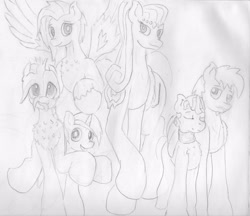 Size: 3934x3393 | Tagged: safe, artist:andandampersand, derpibooru exclusive, oc, oc only, oc:aureai, oc:chip, oc:culls toxicity, oc:cyan lightning, oc:dee valerie, earth pony, pegasus, pony, unicorn, chest fluff, clothes, colt, female, fluffy, grayscale, male, mare, monochrome, silly, silly pony, stallion, traditional art, wings