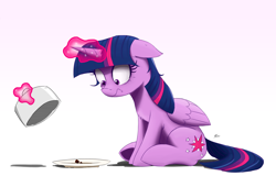 Size: 2300x1475 | Tagged: safe, artist:j24262756, twilight sparkle, twilight sparkle (alicorn), alicorn, pony, atg 2017, cake, female, floppy ears, food, levitation, magic, mare, newbie artist training grounds, scrunchy face, simple background, telekinesis