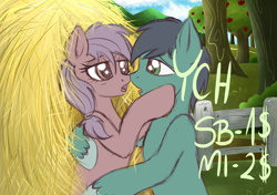 Size: 1974x1392 | Tagged: safe, artist:kruszyna25, oc, oc only, pony, apple tree, female, hay, hug, kissing, looking at each other, male, mare, stallion, your character here