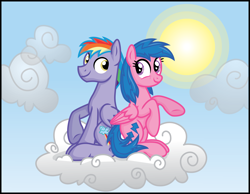 Size: 4249x3296 | Tagged: safe, artist:inkrose98, firefly, rainbow blaze, pegasus, pony, g1, absurd resolution, cloud, cute, eye contact, female, fireblaze, g1 to g4, generation leap, looking at each other, looking back, male, mare, raised hoof, shipping, sitting, sky, smiling, stallion, straight, sun, underhoof