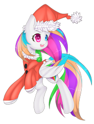 Size: 967x1274 | Tagged: safe, artist:clefficia, oc, oc only, oc:starblaze, pegasus, pony, clothes, colored wings, costume, female, hat, heterochromia, mare, multicolored wings, santa costume, santa hat, simple background, solo, transparent background