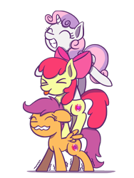 Size: 1350x1800 | Tagged: safe, artist:flutterluv, apple bloom, scootaloo, sweetie belle, earth pony, pegasus, pony, unicorn, :p, cutie mark crusaders, eyes closed, female, filly, silly, simple background, smiling, stack, this will end in pain, tongue out, tower of pony, transparent background, trio, we bare bears