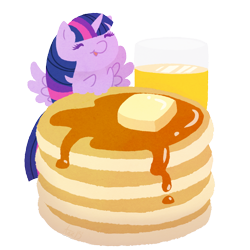 Size: 800x800 | Tagged: safe, artist:anzicorn, twilight sparkle, twilight sparkle (alicorn), alicorn, pony, butter, chibi, cute, eyes closed, food, happy, pancakes, simple background, smiling, solo, spread wings, tiny, tiny ponies, transparent background, twiabetes, wings