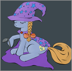 Size: 755x736 | Tagged: safe, artist:1nfy, oc, oc only, blushing, cape, clothes, costume, hat, simple background, solo, spoon, spoon bending, trixie's cape, trixie's hat