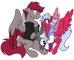 Size: 1152x930 | Tagged: safe, artist:egophiliac, oc, oc only, oc:melon frost, oc:velvet quill, hippogriff, pegasus, pony, chest fluff, clothes, confused, cute, ear piercing, finger in mouth, flying, freckles, hoodie, jacket, licking, mod pony, nom, piercing, ponysona, simple background, sitting, talons, tongue out, transparent background