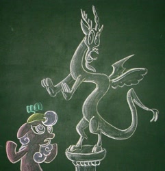 Size: 1988x2062 | Tagged: safe, artist:azdaracylius, ponerpics import, discord, screwball, chalk drawing, daddy discord, hat, statue discord, traditional art