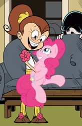 Size: 2000x3056 | Tagged: safe, artist:sonson-sensei, derpibooru import, pinkie pie, earth pony, pony, blushing, braces, crossover, hug, luan loud, lucy loud, the loud house