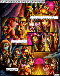 Size: 1935x2449 | Tagged: safe, artist:jamescorck, chancellor puddinghead, clover the clever, commander hurricane, princess platinum, private pansy, smart cookie, earth pony, pegasus, pony, unicorn, comic:i will never leave you, comic, fire, history