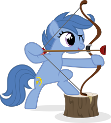 Size: 6129x6773 | Tagged: safe, artist:punzil504, archer (character), scootablue, earth pony, pony, absurd resolution, archer, background pony, bipedal, bow, female, filly, one eye closed, simple background, solo, transparent background, tree stump, vector, wingless