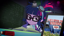 Size: 1920x1080 | Tagged: safe, edit, edited screencap, screencap, sci-twi, twilight sparkle, eqg summertime shorts, equestria girls, mad twience, book, disney world, epcot, exploitable, laboratory, obligatory pony, sci-twi's portrait, universe of energy