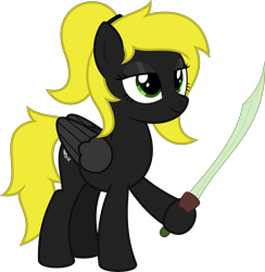 Size: 6400x6555 | Tagged: safe, artist:parclytaxel, oc, oc only, oc:veen sundown, pegasus, pony, .svg available, absurd resolution, female, hairband, hoof hold, lidded eyes, mare, ponytail, simple background, smiling, solo, sundown clan, sword, transparent background, vector, weapon