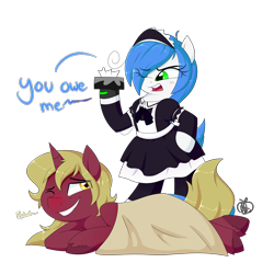 Size: 1800x1800 | Tagged: safe, artist:notenoughapples, oc, oc only, oc:flask, oc:mal, pony, bipedal, blanket, blushing, clothes, commission, dialogue, laughing, maid, one eye closed, red nosed, sick, simple background, tissue, tissue box, transparent background