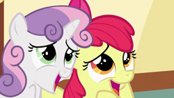 Size: 1920x1090 | Tagged: safe, screencap, apple bloom, sweetie belle, pony, the cutie mark chronicles