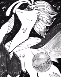 Size: 3281x4132 | Tagged: safe, artist:alts-art, queen novo, pony, seapony (g4), my little pony: the movie, inktober, looking at you, monochrome, orb, pearl, queen novo's orb, smiling, solo, traditional art, underwater