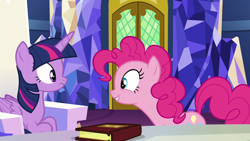 Size: 1280x720 | Tagged: safe, screencap, pinkie pie, twilight sparkle, twilight sparkle (alicorn), alicorn, pony, not asking for trouble, happy, prone, twilight's castle