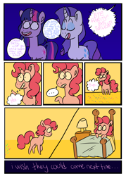 Size: 1024x1432 | Tagged: safe, artist:brownmota, pinkie pie, rarity, twilight sparkle, pony, unicorn, comic:everyone laugh, bed, comic, worried