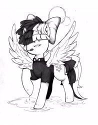 Size: 4988x6353 | Tagged: safe, artist:alts-art, songbird serenade, pegasus, pony, my little pony: the movie, absurd resolution, clothes, female, hair over eyes, inktober, mare, microphone, monochrome, smiling, solo, spread legs, spreading, traditional art