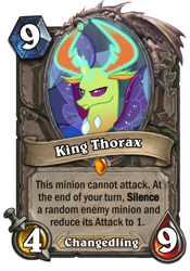 Size: 400x573 | Tagged: safe, edit, edited screencap, screencap, thorax, changedling, changeling, to where and back again, angry, card, cropped, crossover, glowing antlers, glowing horn, hearthstone, king thorax, legendary, solo, trading card, trading card game, warcraft