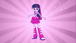 Size: 1366x768 | Tagged: safe, screencap, twilight sparkle, equestria girls, equestria girls (movie), boots, fall formal outfits, high heel boots, looking at you, solo, sparkles, sunburst background, this is our big night, twilight ball dress