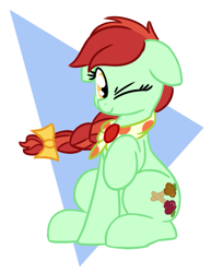 Size: 725x890 | Tagged: safe, artist:masserey, candy apples, earth pony, pony, apple family member, braid, floppy ears, looking at you, neckerchief, one eye closed, raised hoof, sitting, smiling, solo, wink