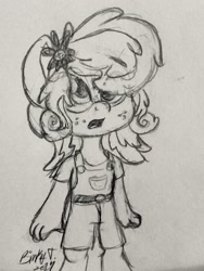 Size: 1732x2307 | Tagged: safe, artist:binkyt11, derpibooru exclusive, oc, oc only, oc:daphne, anthro, flower, flower in hair, freckles, monochrome, overalls, solo, traditional art