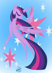 Size: 1000x1414 | Tagged: safe, artist:emositecc, twilight sparkle, twilight sparkle (alicorn), alicorn, pony, cutie mark background, eyes closed, female, looking back, mare, pointy ponies, signature, solo, spread wings, wings