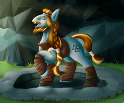 Size: 5400x4500 | Tagged: safe, artist:klarapl, rockhoof, earth pony, pony, campfire tales, absurd resolution, beard, clothes, eyes closed, facial hair, male, open mouth, smiling, solo, stallion