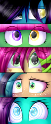 Size: 1600x3900 | Tagged: safe, artist:despotshy, oc, oc only, oc:betty traum, oc:despy, oc:lil happiness, oc:lil sadness, oc:pastel, pony, eye, eyes, freckles, heterochromia