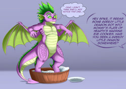 Size: 1754x1240 | Tagged: safe, artist:exelzior, spike, dragon, adult spike, basket, eyebrows, growth, older, shocked, solo, spread wings, teenaged dragon, thought bubble, winged spike, wings