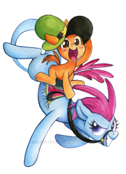 Size: 600x828 | Tagged: safe, artist:miszasta, blushing, bridle, grin, ponies riding ponies, ponified, riding, saddle, smiling, sylvia, tack, wander (wander over yonder), wander over yonder